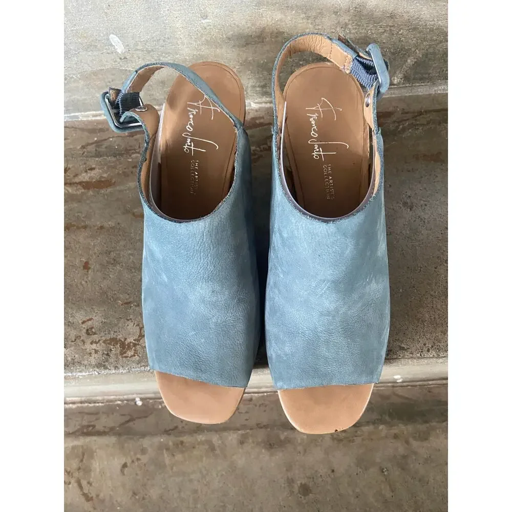 Franco Sarto Monogram denim blue nubuck leather peep toe sandal w/ block heel